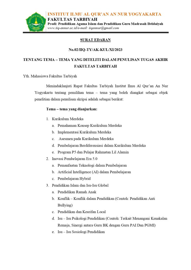SURAT EDARAN.Tema tema Judul Skripsi page 0001 - TEMA – TEMA YANG DITELITI DALAM PENULISAN TUGAS AKHIR FAKULTAS TARBIYAH