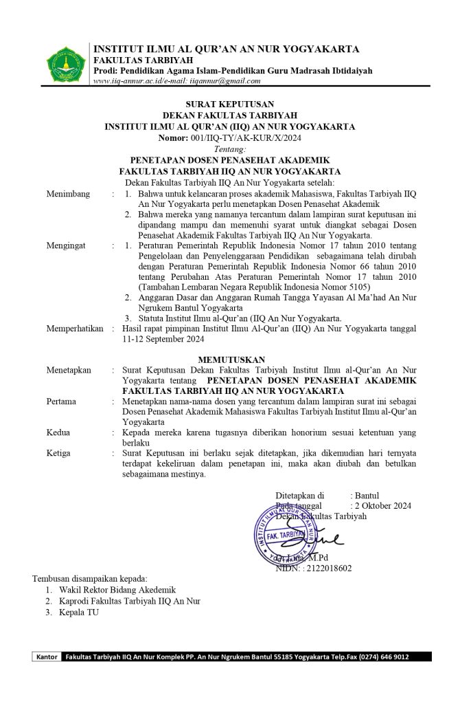 SK PENGANGKATAN DPA 2024 page 0001 - Penetapan Dosen Penasehat Akademik (DPA) Fakultas Tarbiyah