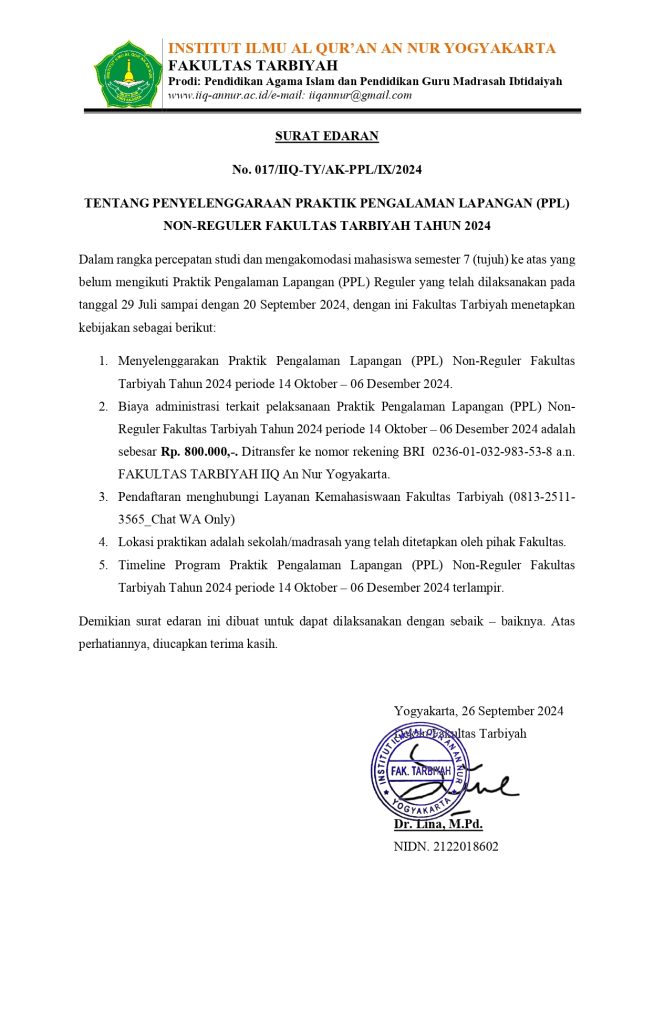 SURAT EDARAN PPL NON REGULER 2024 page 0001 - Penyelenggaraan Praktik Pengalaman Lapangan (PPL) Non-reguler Fakultas Tarbiyah 2024