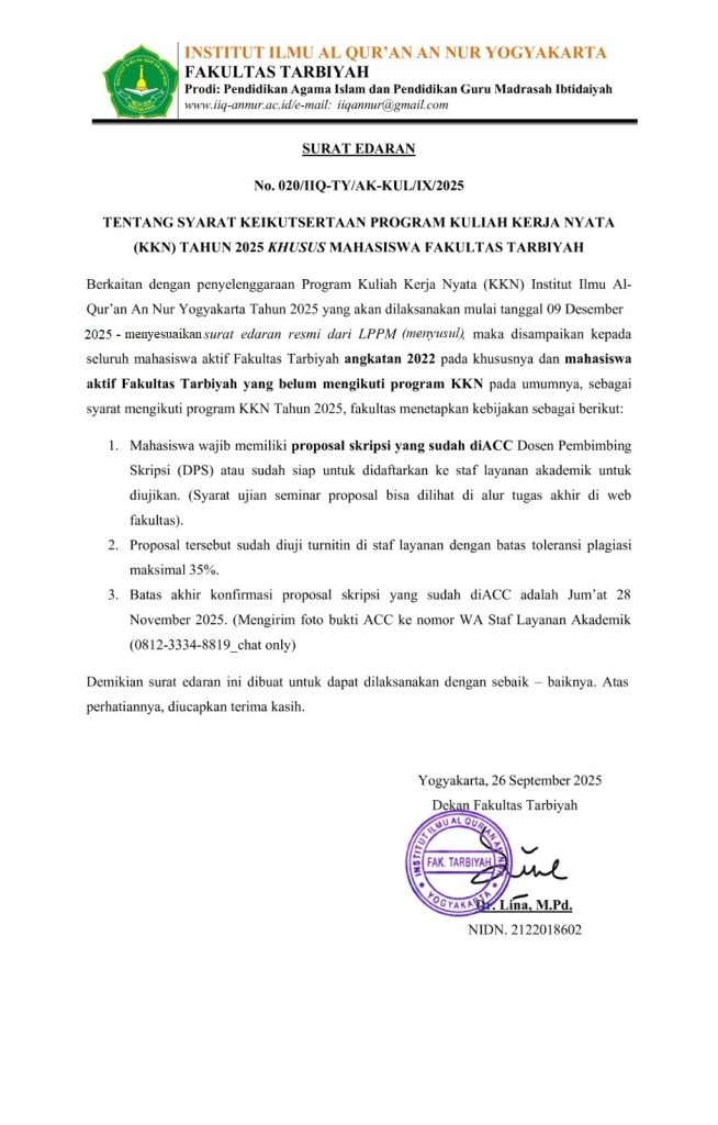 20 Surat Edaran SE Syarat Keikutsertaan KKN 25 Fakultas Tarbiyah - Syarat Keikutsertaan Program KKN Tahun 2025 Khusus Mahasiswa Fakultas Tarbiyah